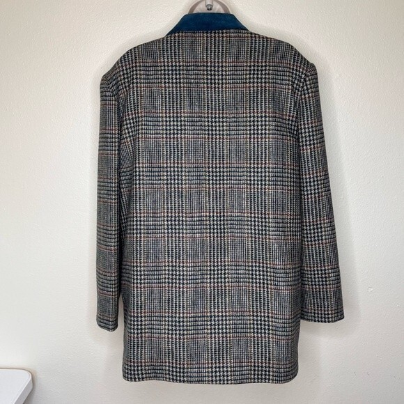 Vintage International Scene Wool Glen Plaid Suede Leather Lapel Blazer Women 14 - Picture 6 of 16